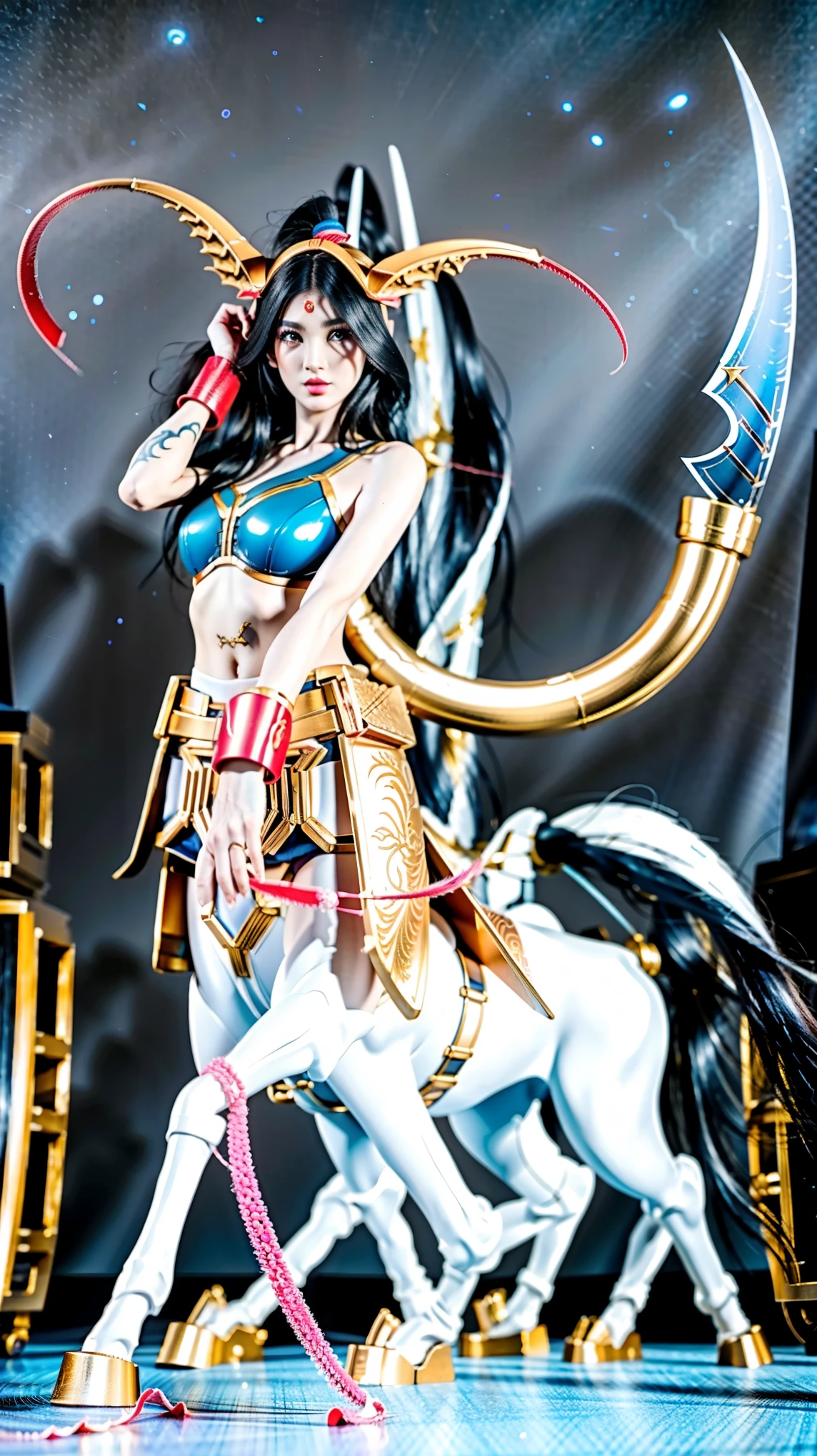 In the center of the ultra-wide-angle lens, Beautiful and ethereal mechanical centaur queen spreads her wings on the ionosphere for jumps。The upper body of the centaur queen is a sexy figure,Has distinctly feminine characteristics,The lower body is a mechanical part,Horse-shaped torso,Streamlined sexy lines。Use advanced stroke tools and color palettes halfway through, and texture packs, Model package, Texture tools,Concentration,Give the Centaur Empress a harmonious moving line,The mechanical light wings of the queen satyr are plated with a unique spatial glow,The halo crown on the head of the Mechanical Centaur Queen projects neon lights,Let her be majestic,Add complex textures and models to the Mechanical Centaur Empress, Gives the real body soft and sexy lines and an authentic texture,Let the legs in the shape of horse legs elegant and slender,Give the Mechanical Centaur Empress a sexy K-cup teardrop shape, Huge texture and true shine,Exude bondage。With Midjourney's advanced brush tools and palettes and strokes, Try different models and materials,Create gorgeous, epic look at your scene,Let the Mechanical Centaur Queen harmonize elegance and ethereal,The fallen enemy wreckage and the lunar surface are clearly shown against the background of the starry sky。Use Midjourney's powerful tools,You can bring this magnificent and futuristic scene to life with incredible detail and beauty。 hdr,(真实感,Masterpiece quality,best qualtiy),,PureErosFace_V1,Urzang-6500-V1 Edition.1