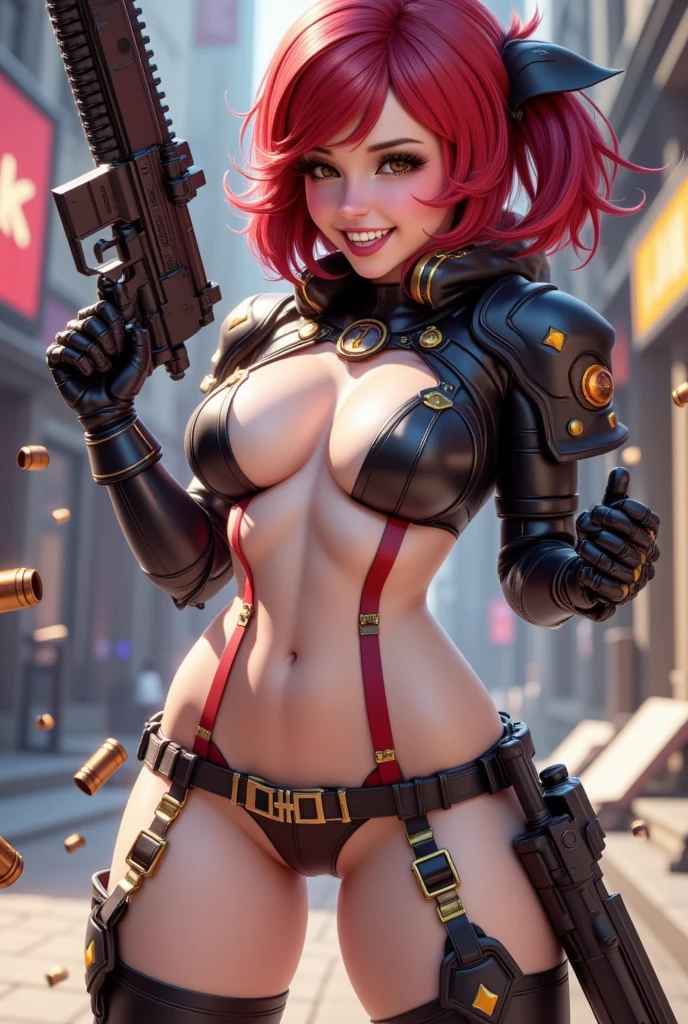 RPG, 3D game character design, cyborg girl holding and shooting machine guns in both hands, cyberpunk style, short red hair, golden eyes, laughing hysterically, flying shell casings reflecting neon light, dynamic action pose,