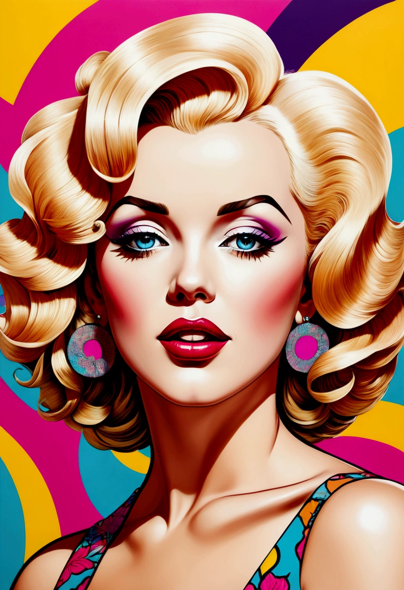 A vibrant pop art portrait of a woman inspired by Marilyn Monroe's style, with a manga-inspired twist. The woman has exaggerated manga-style eyes, defined lines, and a playful expression. Her vintage curled hairstyle is reminiscent of Monroe's iconic blonde waves, with bold colors and shading typical of pop art. The background is filled with bright, abstract patterns, merging pop art and manga aesthetics for a unique, stylized look