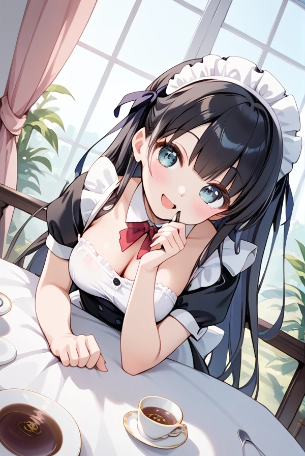  1 girl, Black Hair, long hair , maid clothes,Afternoon Tea,Tea Party,