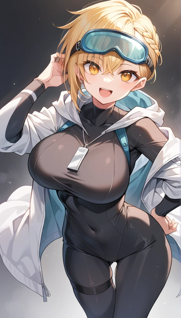 A girl, with blonde hair,  undercut hairstyle with the long bangs with a braid behind,  big breasts, with golden eyes, wearing large ski goggles , happy, standing, with the other hand on his hip , Front view, wearing a white hooded sweatshirt with blue ,  wearing a tight black suit similar to a leg-length diving suit,  with a leather garter on the thigh ,  on the left leg only with a black long stocking