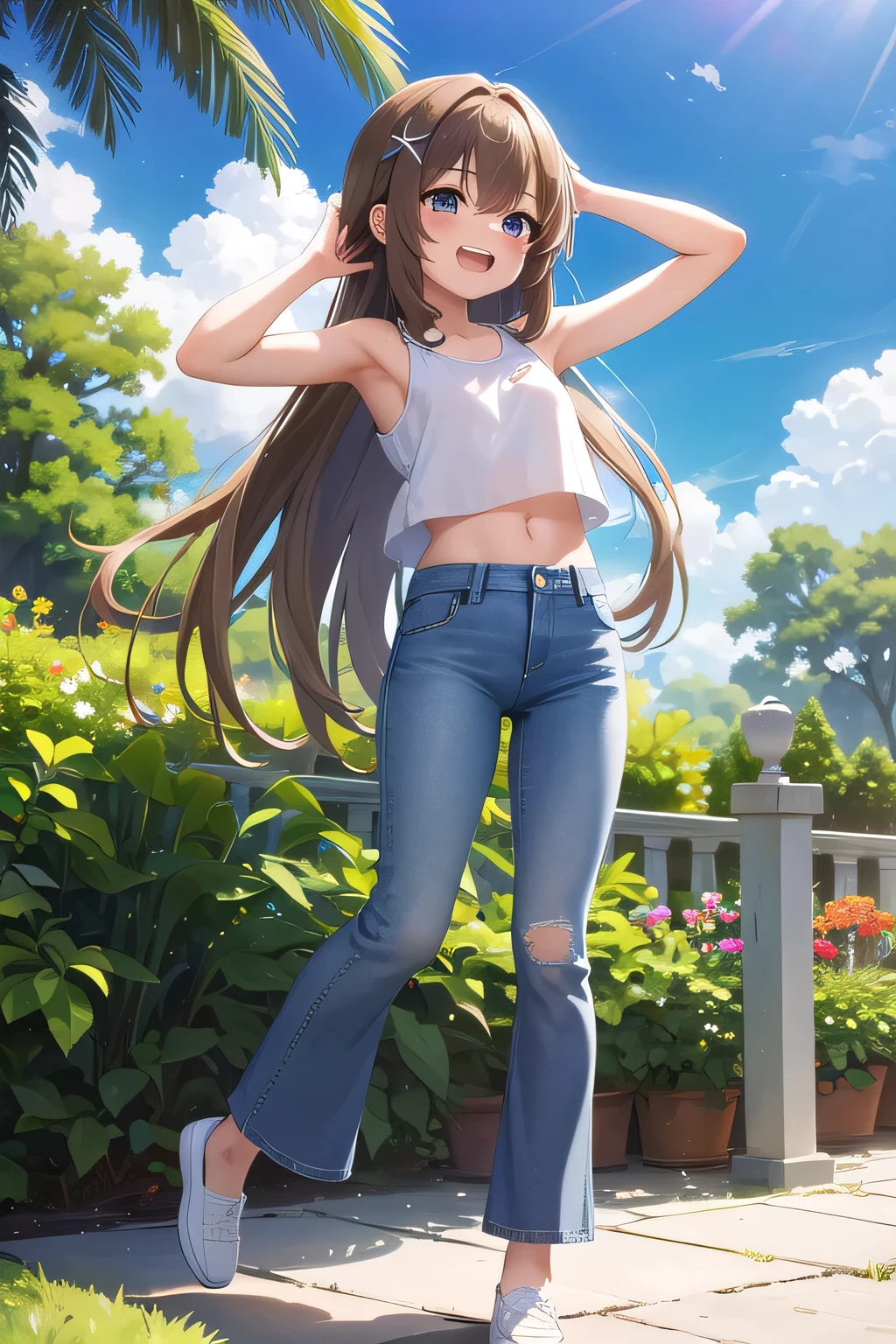 masterpiece,best quality,ultra detail,1girl, 14yo,petite,Laugh happily,garden,sunshine,cloud, beautiful brown long hair, hair ornament, x hair ornament,Raise your arms and bring them behind your head,White teeth, white tank tops, white crop tops, jeans pants, (flares jeans 1:1), blue jeans, standing pose, orgasm,