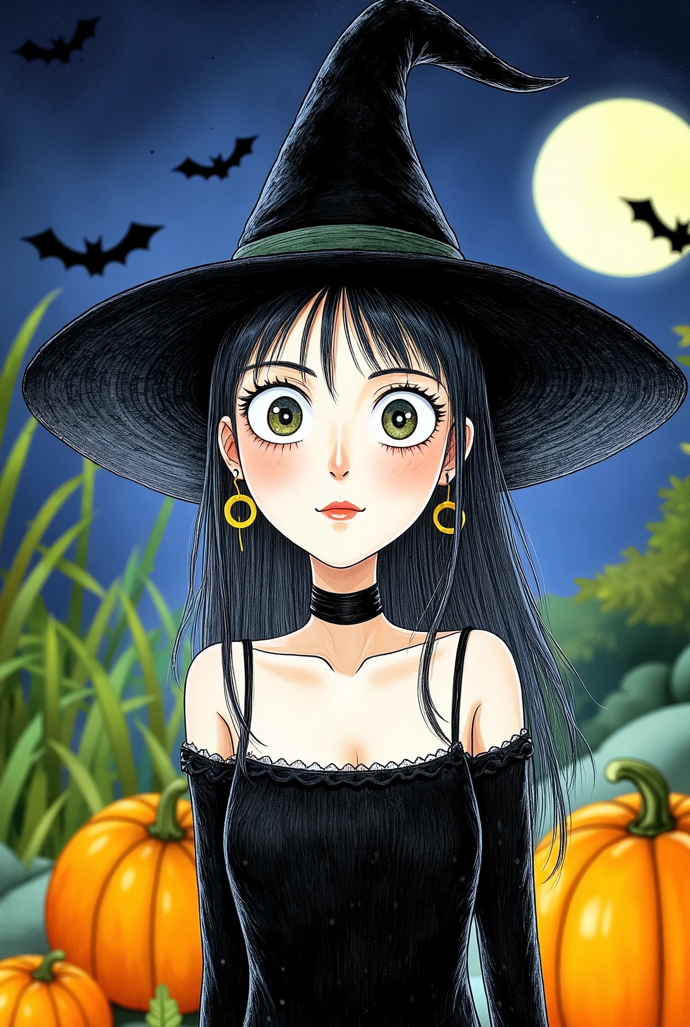 a witch girl, 1girl, beautiful detailed eyes, beautiful detailed lips, extremely detailed eyes and face, long eyelashes, anime style, dark moody lighting, dark magic, gothic, spooky, cobweb, full moon, pumpkins, bats, (best quality,4k,8k,highres,masterpiece:1.2),ultra-detailed,(realistic,photorealistic,photo-realistic:1.37)