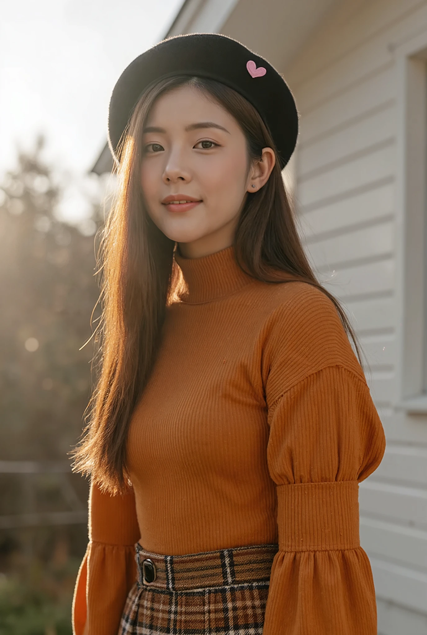 A young, slender Thai-Korean woman smiles as she poses outdoors in a stylish autumn outfit. She is wearing a warm, ribbed, burnt-orange sweater with puffed sleeves and a high neck, paired with a plaid skirt in earthy tones. A black beret with a mini heart-shaped pin adds a touch of elegance to her look. The cozy background of a white cottage and soft sunlight filtering through with a sunflare enhance the warm, dreamy, and inviting atmosphere.