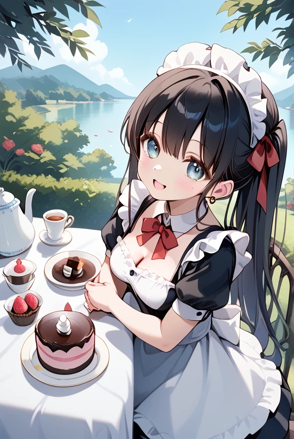  1 girl, Black Hair, long hair , maid clothes,Afternoon Tea,Tea Party,sweets,cake