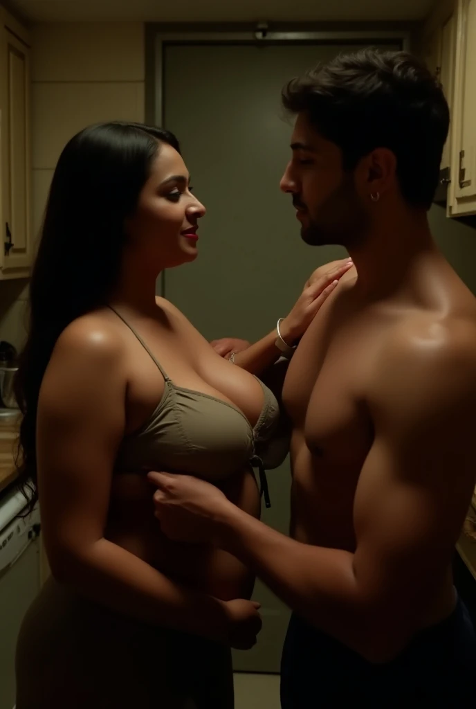a handsome wider huge muscled shoulder, hairy chest, arms, muscled hairy legs younger indian desi boy in underwear and open front shirt doing lip to lip kiss with lady teacher in blouse and undies, in college toilet, college hunk boy student kissing with lady teacher, full view, top to bottom, huge bulge, realistic, seduction, seductive, erotic, sexy kissing poses, full view from top to bottom, boy open shirt on chest, boy in underwear with kissing lady teacher, teacher getting sucked by hunk boy, pornography, nudity, lady tits licked by boy, full both nude body
