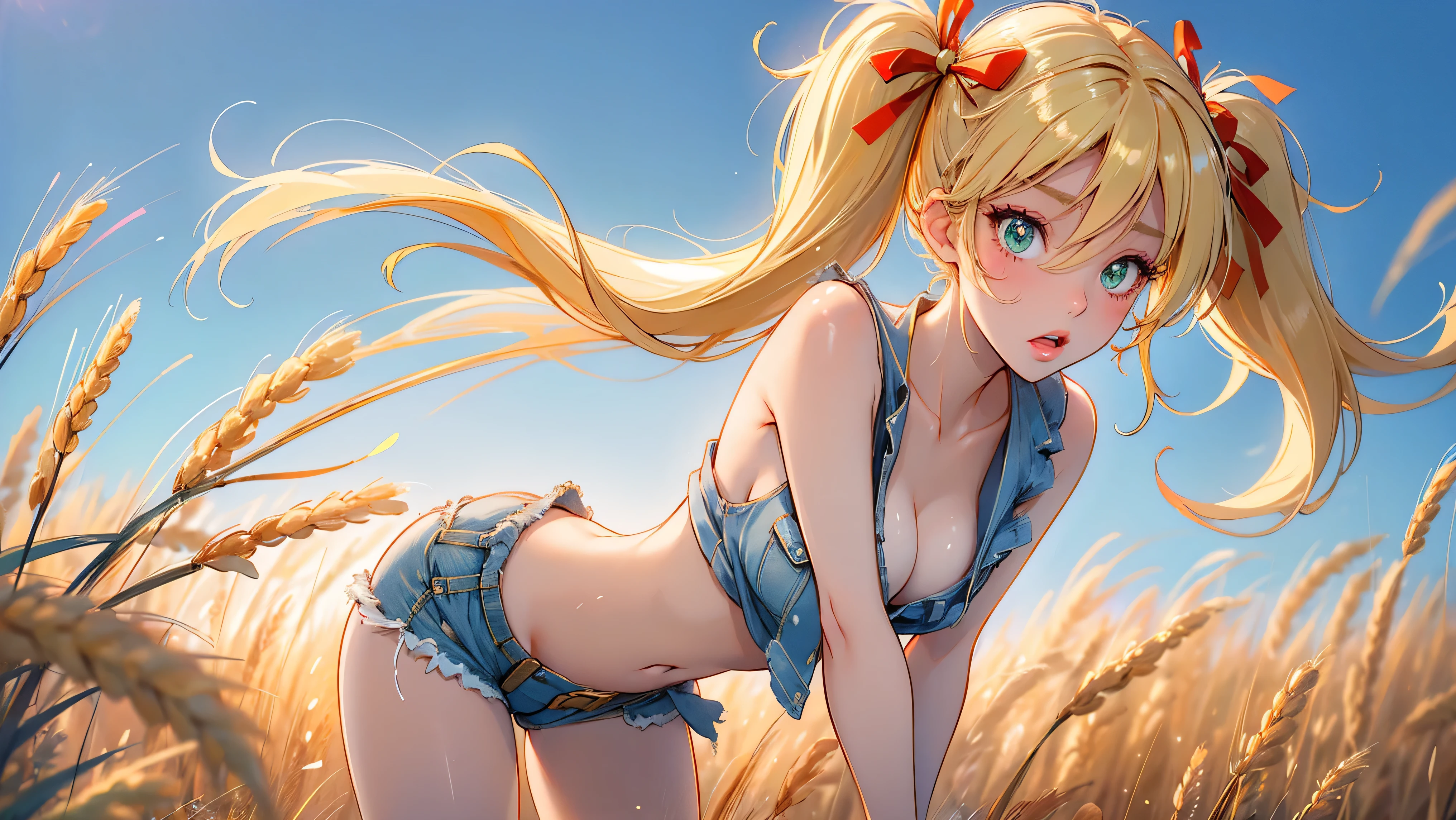 1girl, solo, (masterpiece, best quality, High Detail, 8K), blonde, long wavy hair, twintails with red ribbons in hair, dark tanned skin, extremely sexy, bikini tan, ((large breasts, busty)), Head to hips shot, Full body shot, cowboy shot, skinny, large green eyes, ((thin waist, small hips, long torso)), ((Dean Yeagle Style - Mandy)), wearing cutoff bluejean short-shorts, country girl, standing in a wheat field, farm background, wheat field,