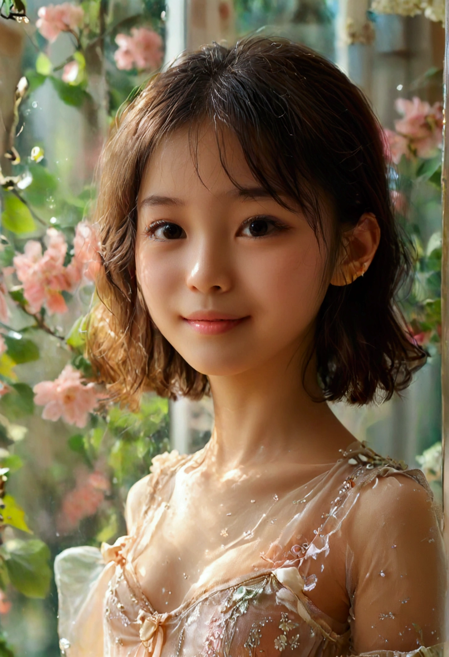 Masterpiece, UHD, 8K, most beautiful asian girl in the world, cute girl, age 9, small-budding breast, shy smile, pale skin, juvpretty-girl physique, elementary_school-girl physique, charming girl, One-piece style sheer fabric dress, sheer fabric, translucent clothes, standing, from the front, act very pretty