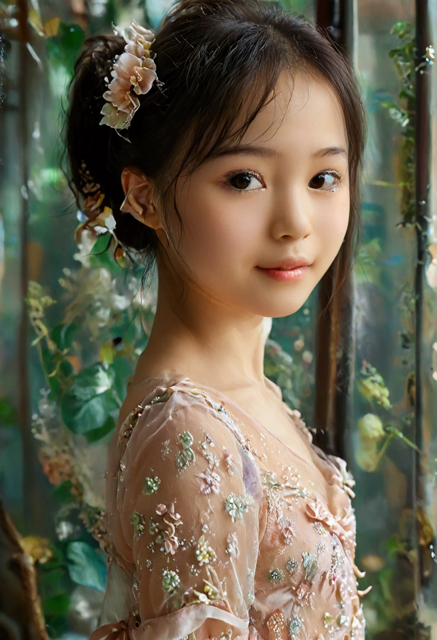 Masterpiece, UHD, 8K, most beautiful asian girl in the world, cute girl, age 9, small-budding breast, shy smile, pale skin, juvpretty-girl physique, elementary_school-girl physique, charming girl, One-piece style sheer fabric dress, sheer fabric, translucent clothes, standing, from the front, act very pretty