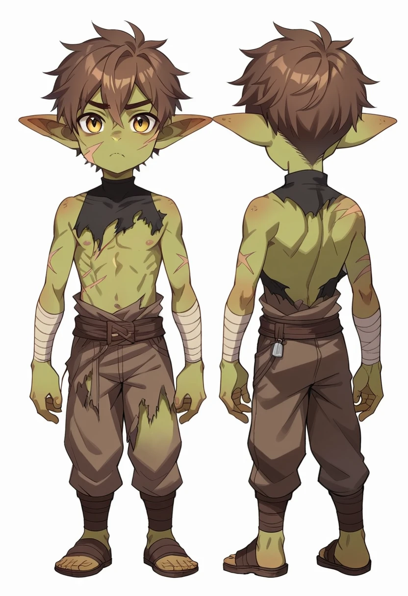 score_9, score_8_up, score_7_up, score_6_up, score_5_up, score_4_up, 1boy, ((solo)), goblin, goblin boy,  boy, young boy, shota, beautiful eyes, detailed eyes, green skin, brown hair, scars, savage clothes, torn clothes, character art, game character, full body character sprite, concept art, full body profile, casual pose, facial profile, close up, 2 views (full body|face view), simple background, white background