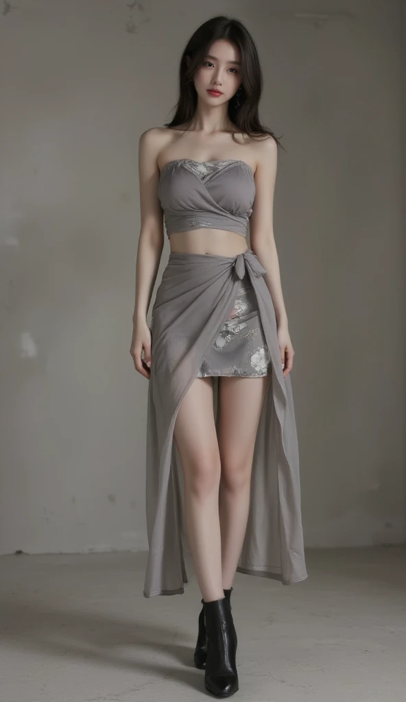 Beautiful stylist woman, slim legs, Korean actress face, long legs, detailed face, beautiful dark eye makeup, beautiful red lips, realistic traditional Korean clothes, strapless crop top wrapped in silk, short tube skirt, gray paint, wrap style transparent skirt, small flower pattern under skirt, thigh length skirt, ankle boots,