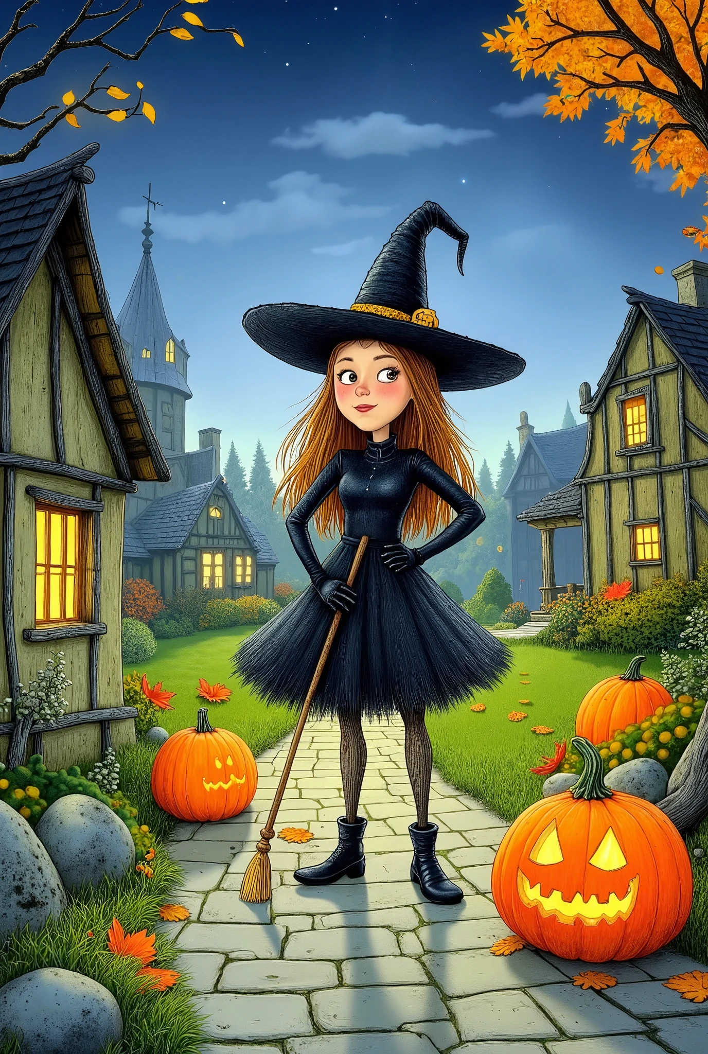 Halloween，Witch，castle，houses，forest， pumpkin lantern