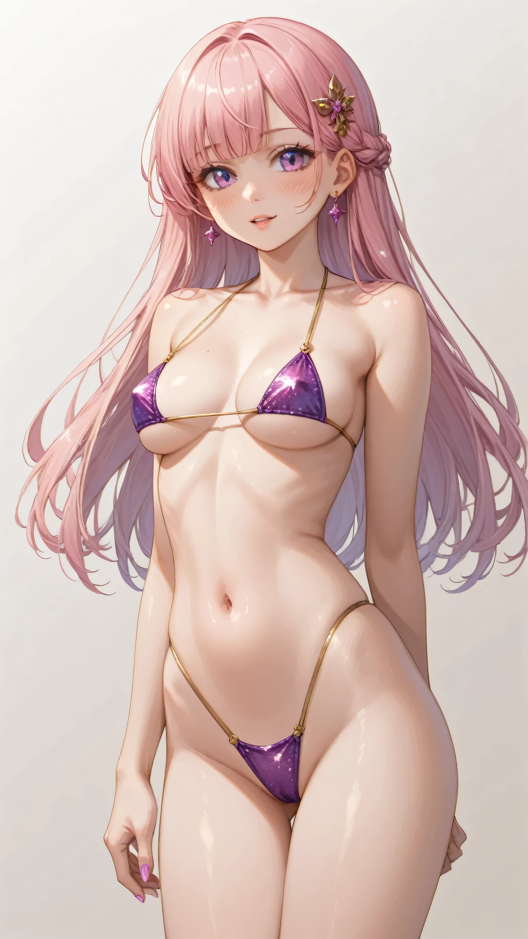 Japanese girl in a micro bikini, (anime), manga, sexy, sparkles, (long flowing pink hair), (bangs), ((Glitter Dust)), dynamic shadows, masterpiece, bright colors, Shimmers, clear details, arms behind back, masterpiece, best quality, perfect anatomy, 8k, porcelain doll, (petite), sexual gaze, perfect breasts, standing, contrapposto, ((straight on)), tall, slender, long legs, sexy submissive, heavy blushing, metallic gold background,