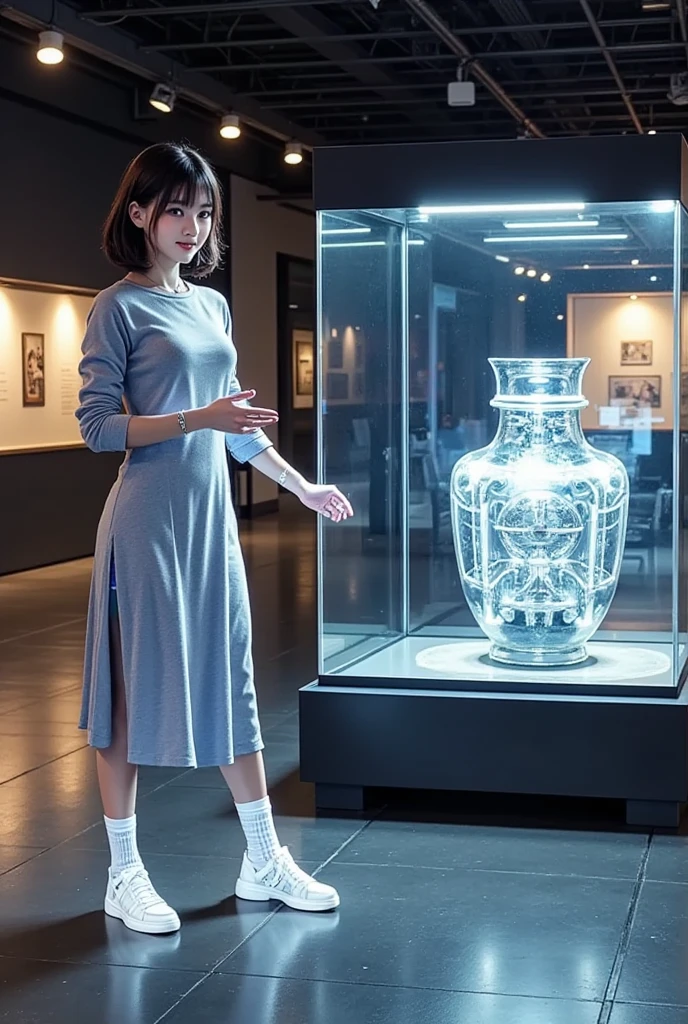 Museum of the Future , A future composition where a hologram woman explains the "GR86" displayed in a large showcase, 