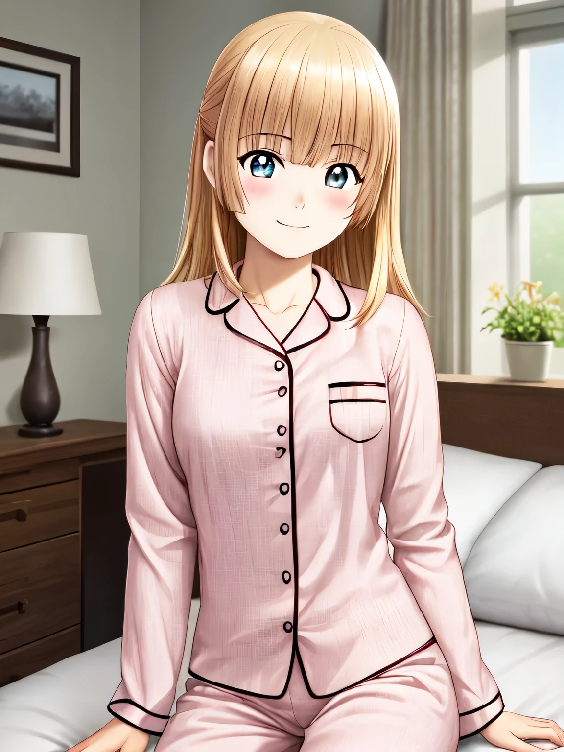 masterpiece、Best Quality、One person、 1 girl、indoor、bet、Sitting,betにSitting、（ anime illustration style:1.3）、Smiling、blush、Lycia Plaid , closed mouth、smile、Attractive eyes、Half asleep、(Long pants、In pajamas:1.3),Pink pajamas、In pajamas、 sharp pupils 、  high definition、bedroom、bet、  high definition、 super fine painting,、( very detailed、color、Sparkle)、(Genuine、 real、Realistic:1.2)、Small breasts、  high definition、超 high definition