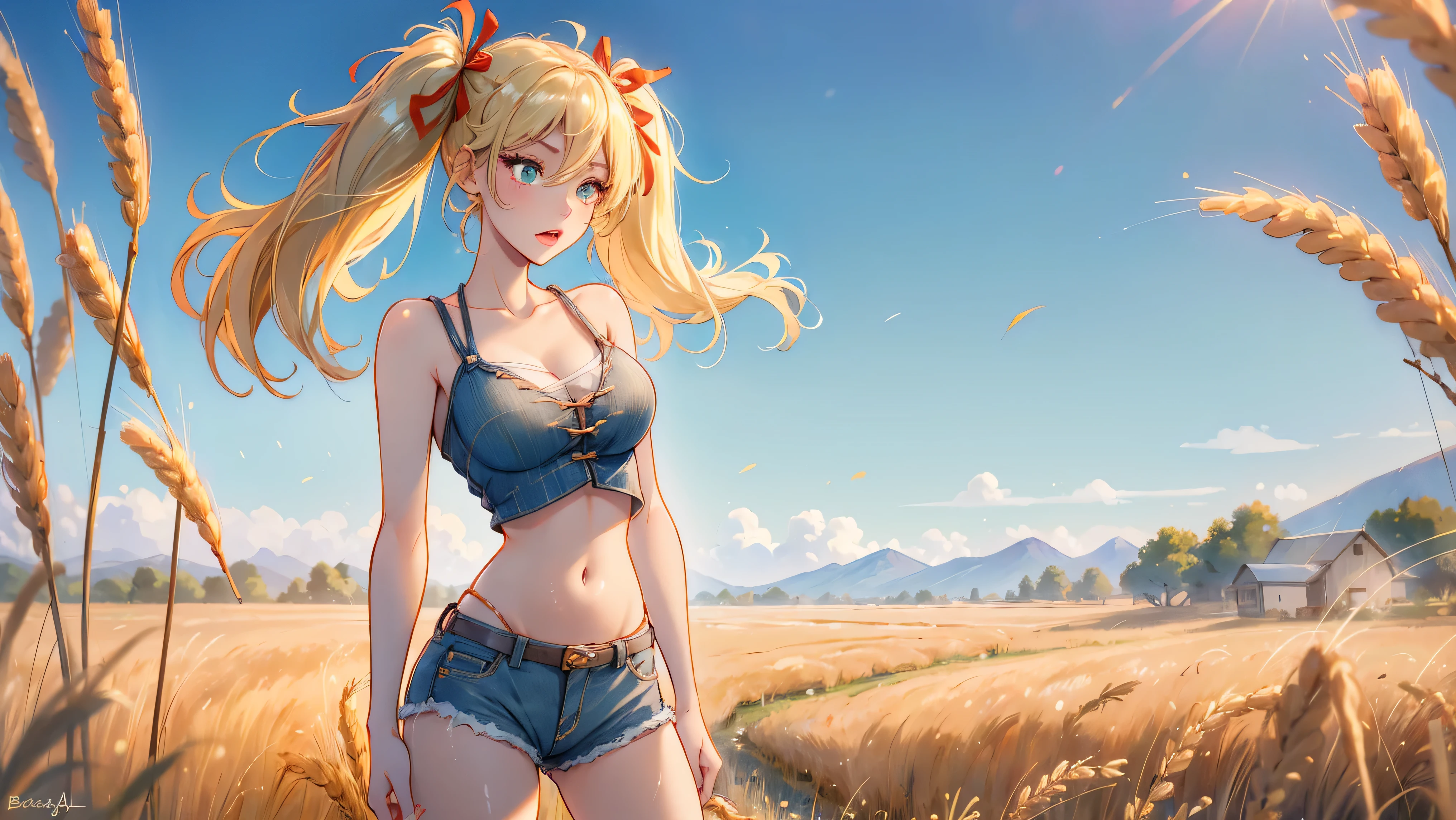 1girl, solo, (masterpiece, best quality, High Detail, 8K), blonde, long wavy hair, twintails with red ribbons in hair, dark tanned skin, extremely sexy, bikini tan, ((large breasts, busty)), Head to hips shot, Full body shot, cowboy shot, skinny, large green eyes, ((thin waist, small hips, long torso)), ((Dean Yeagle Style - Mandy)), wearing cutoff bluejean short-shorts, country girl, standing in a wheat field, farm background, wheat field,