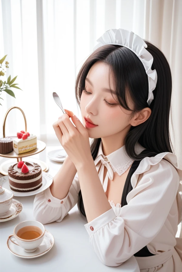  1 girl, Black Hair, long hair , maid clothes,Afternoon Tea,Tea Party,sweets,cake