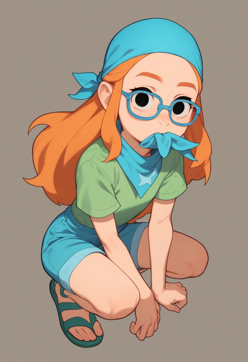 MertleEdmondsLSXL, girl,  girl, , , black eyes, orange hair, long hair, blue glasses, flat chest, green shirt, short sleeves, blue shorts, green sandals, light blue bandana in the mouth, light blue bandana in the mouth face, light blue bandana in the mouth cowgirl, light blue bandana cowgirl, light blue mouthkerchief, light blue mouth kerchief 