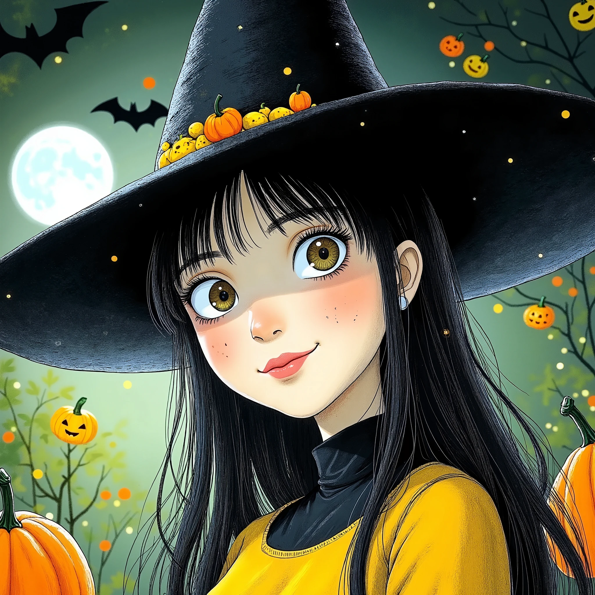 a witch girl, 1girl, beautiful detailed eyes, beautiful detailed lips, extremely detailed eyes and face, long eyelashes, anime style, dark moody lighting, dark magic, gothic, spooky, cobweb, full moon, pumpkins, bats, (best quality,4k,8k,highres,masterpiece:1.2),ultra-detailed,(realistic,photorealistic,photo-realistic:1.37)