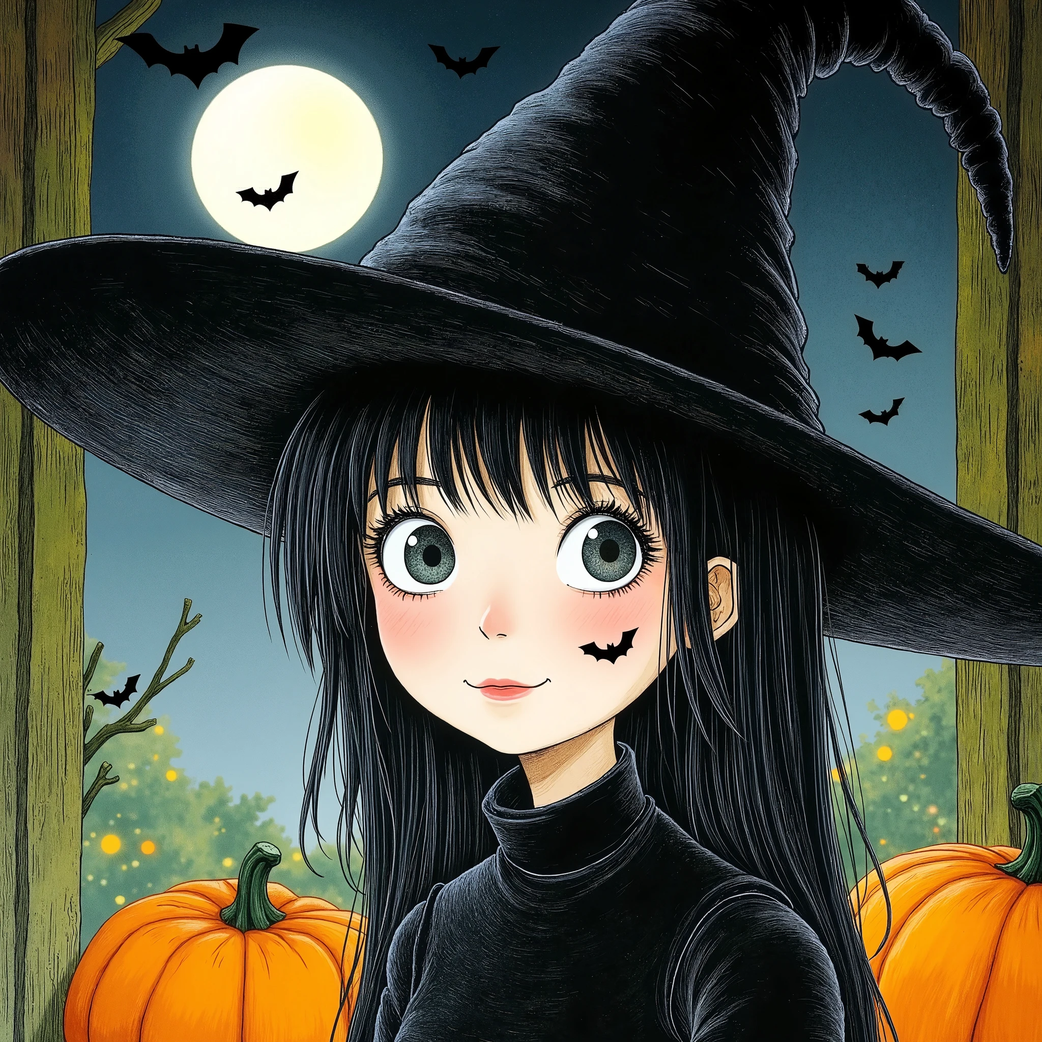 a witch girl, 1girl, beautiful detailed eyes, beautiful detailed lips, extremely detailed eyes and face, long eyelashes, anime style, dark moody lighting, dark magic, gothic, spooky, cobweb, full moon, pumpkins, bats, (best quality,4k,8k,highres,masterpiece:1.2),ultra-detailed,(realistic,photorealistic,photo-realistic:1.37)