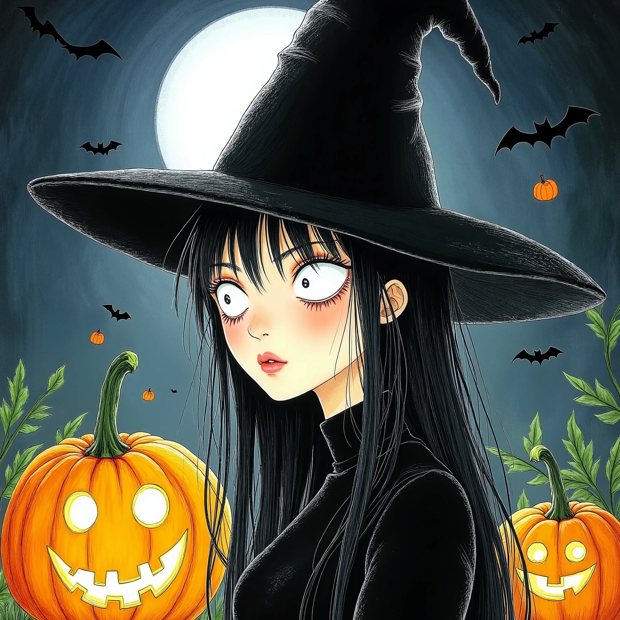 a witch girl, 1girl, beautiful detailed eyes, beautiful detailed lips, extremely detailed eyes and face, long eyelashes, anime style, dark moody lighting, dark magic, gothic, spooky, cobweb, full moon, pumpkins, bats, (best quality,4k,8k,highres,masterpiece:1.2),ultra-detailed,(realistic,photorealistic,photo-realistic:1.37)