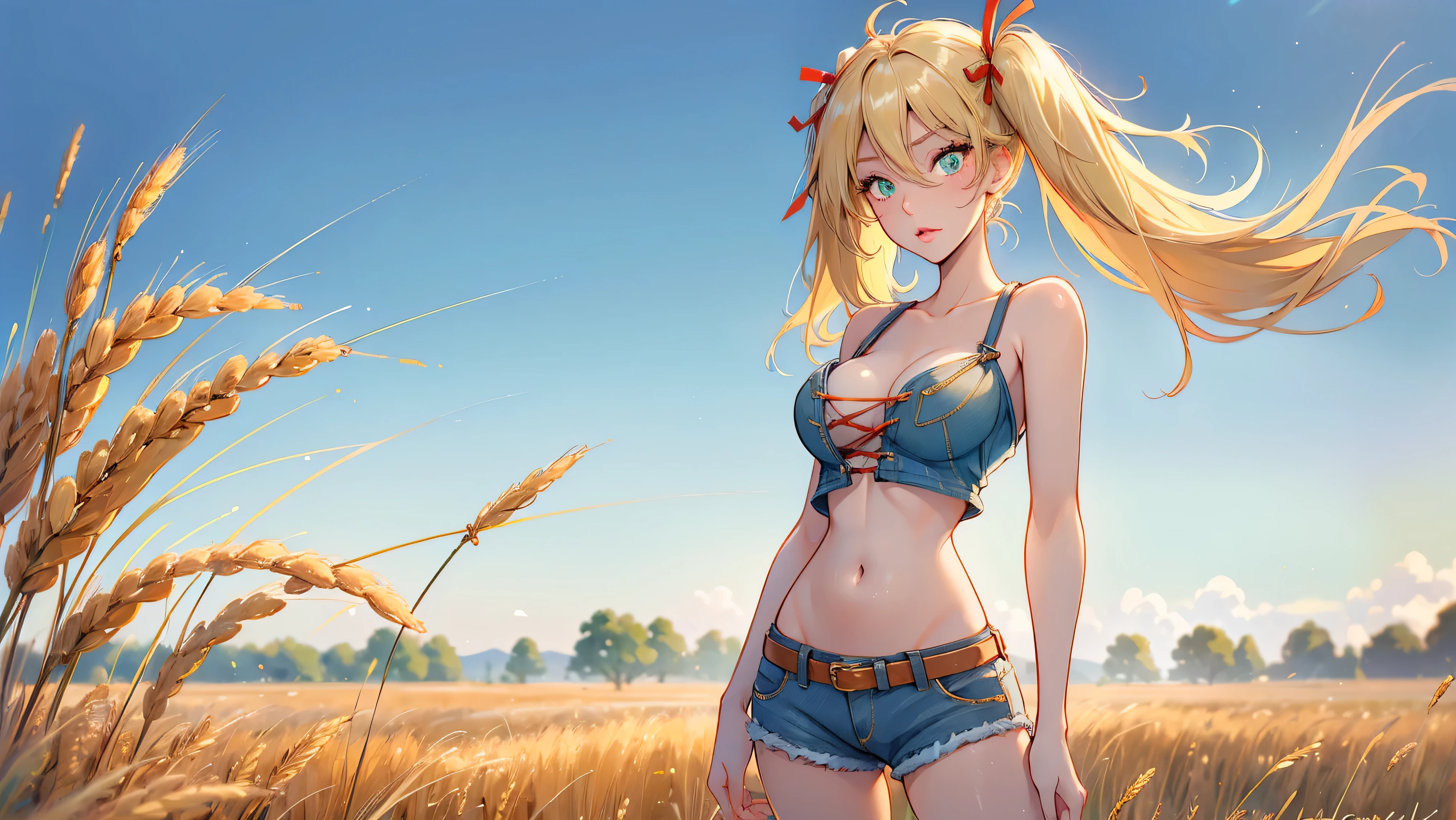 1girl, solo, (masterpiece, best quality, High Detail, 8K), blonde, long wavy hair, twintails with red ribbons in hair, dark tanned skin, extremely sexy, bikini tan, ((large breasts, busty)), Head to hips shot, Full body shot, cowboy shot, skinny, large green eyes, ((thin waist, small hips, long torso)), ((Dean Yeagle Style - Mandy)), wearing cutoff bluejean short-shorts, country girl, standing in a wheat field, farm background, wheat field,