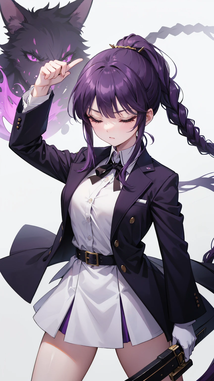  Kyoko Kirigi stands alone against a simple white background 。 Her long purple hair is tied in a ponytail ， with braids on the sides 。 she wears a collared dress shirt 、 black gloves and miniskirt 。 Her medium sized breasts stand out under the tight fabric。 her eyes are closed ，Her mouth is also closed 。A black belt is tied around the waist， She is holding a black jacket that has been taken off in one hand ，The arm is slightly raised， like reaching for something 。