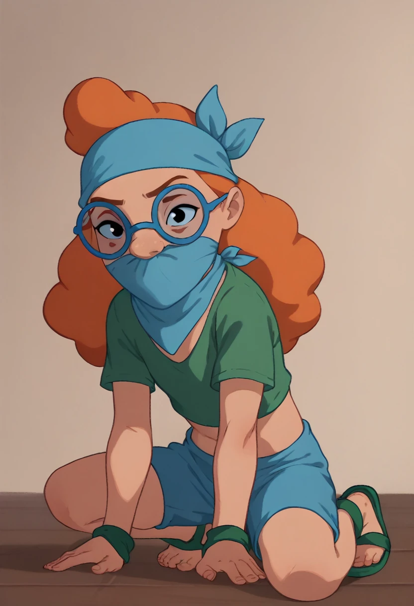 MertleEdmondsLSXL, girl,  girl, , , black eyes, orange hair, long hair, blue glasses, flat chest, green shirt, short sleeves, blue shorts, green sandals, light blue bandana in the mouth, light blue bandana in the mouth face, light blue bandana in the mouth cowgirl, light blue bandana cowgirl, light blue mouthkerchief, light blue mouth kerchief, covered mouth with bandana, covered mouth with bandana cowgirl, bandana gagged, bandana gag