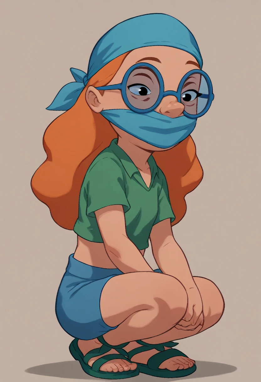 MertleEdmondsLSXL, girl,  girl, , , black eyes, orange hair, long hair, blue glasses, flat chest, green shirt, short sleeves, blue shorts, green sandals, light blue bandana in the mouth, light blue bandana in the mouth face, light blue bandana in the mouth cowgirl, light blue bandana cowgirl, light blue mouthkerchief, light blue mouth kerchief, covered mouth with bandana, covered mouth with bandana cowgirl, bandana gagged, bandana gag