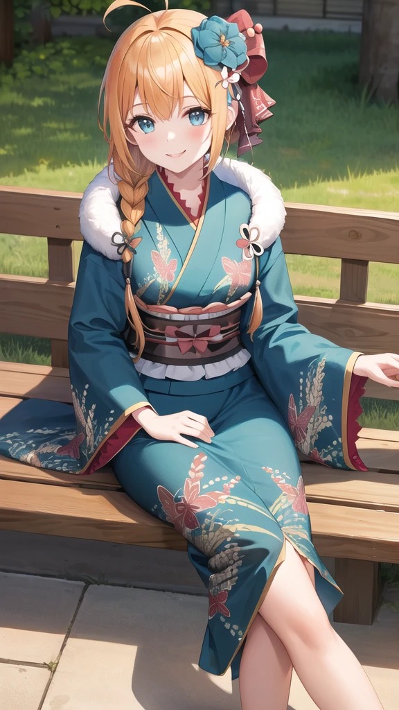 masterpiece, best quality, highres, bbpeco, ahoge, single braid, hair over shoulder, hair ornament, hair flower, blue flower, fur trim, japanese clothes, blue kimono, print kimono, wide sleeves, obi, sitting, outdoors, bench, smile