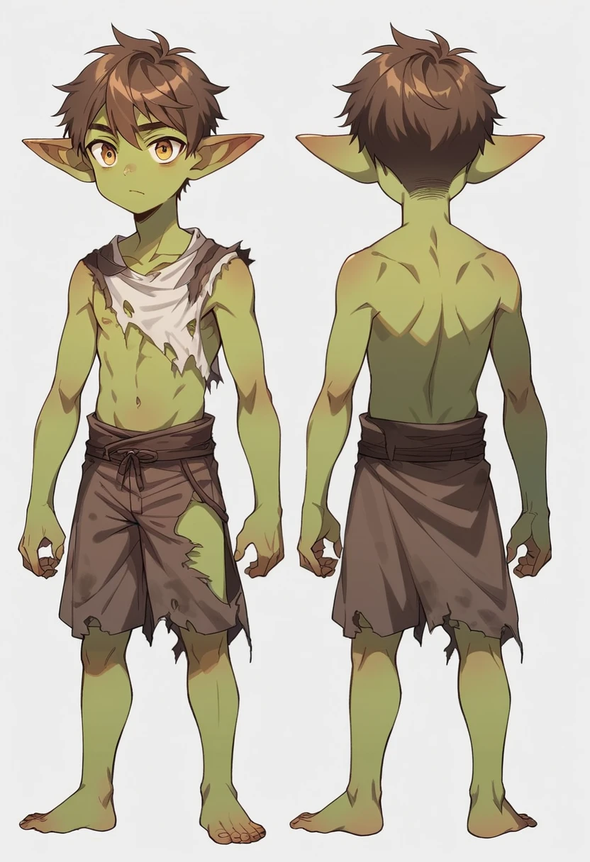 score_9, score_8_up, score_7_up, score_6_up, score_5_up, score_4_up, 1boy, ((solo)), goblin, goblin boy,  boy, young boy, shota, beautiful eyes, detailed eyes, green skin, brown hair, savage clothes, torn clothes, character art, game character, full body character sprite, concept art, full body profile, casual pose, facial profile, close up, 2 views (full body|face view), simple background, white background