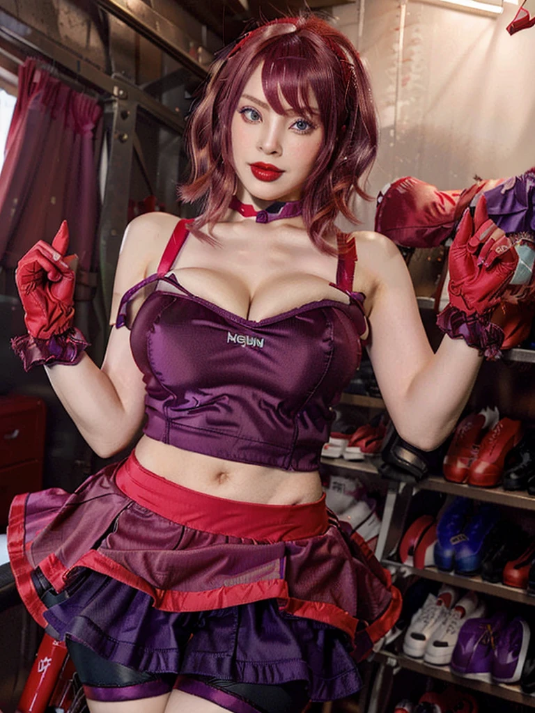 rankowz,red fingerless gloves, bike shorts, navel, red gloves, cleavage, red skirt,( hair clip:1.1), short hair, purple hair, purple eyes, shorts under skirt, red lips, waist apron, red bra