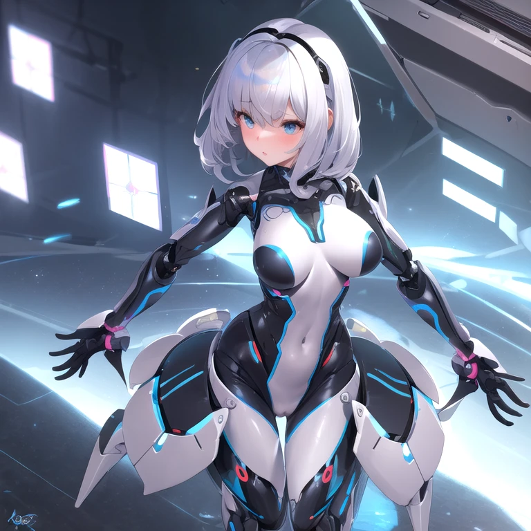 anime,  android woman, battlesuit, human face,, scifi, nano-eden,"new weird",magitech, elf, cyber-ninja, full body, wearing  uniform<lora:EnvyMechaGirlXL02:1>