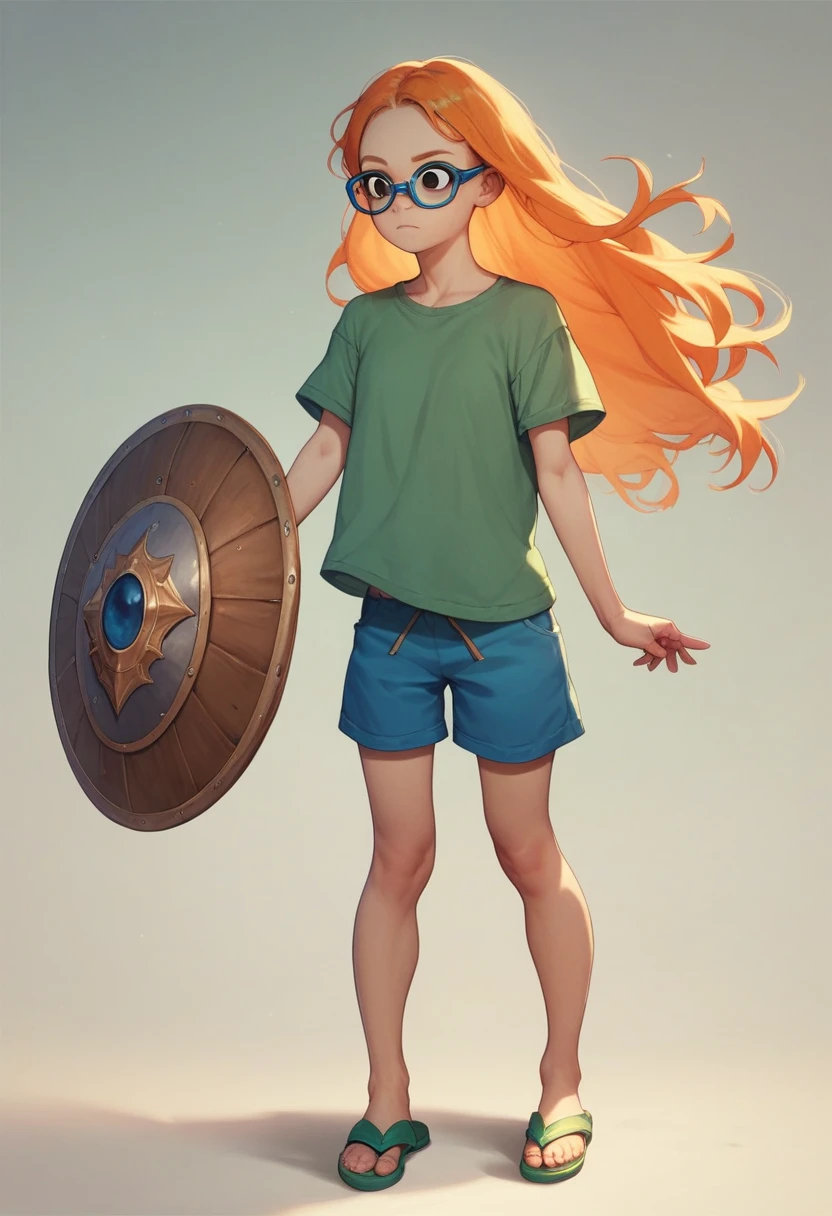 MertleEdmondsLSXL, girl,  girl, , , black eyes, orange hair, long hair, blue glasses, flat chest, green shirt, short sleeves, blue shorts, green sandals, reality virtual shield