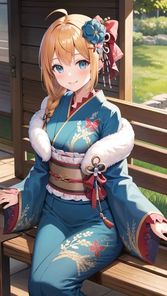 masterpiece, best quality, highres, bbpeco, ahoge, single braid, hair over shoulder, hair ornament, hair flower, blue flower, fur trim, japanese clothes, blue kimono, print kimono, wide sleeves, obi, sitting, outdoors, bench, smile