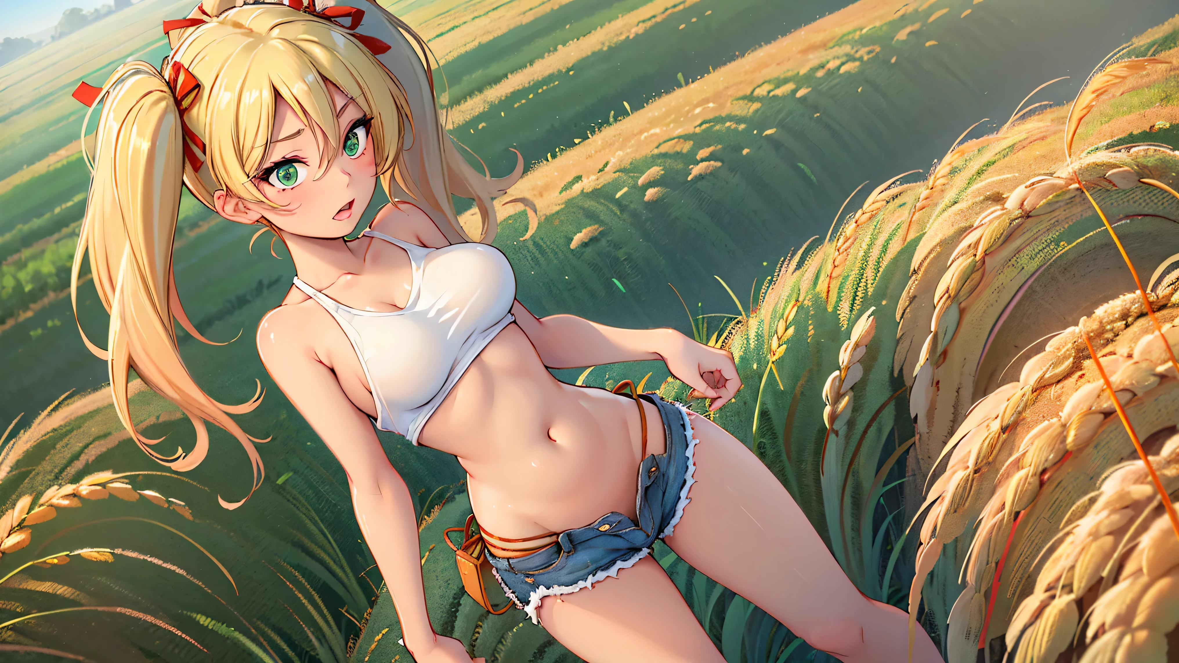 1girl, solo, (masterpiece, best quality, High Detail, 8K), blonde, long wavy hair, twintails with red ribbons in hair, dark tanned skin, extremely sexy, bikini tan, ((large breasts, busty)), Head to hips shot, Full body shot, cowboy shot, skinny, large green eyes, ((thin waist, small hips, long torso)), ((Dean Yeagle Style - Mandy)), wearing cutoff bluejean short-shorts, country girl, standing in a wheat field, farm background, wheat field,