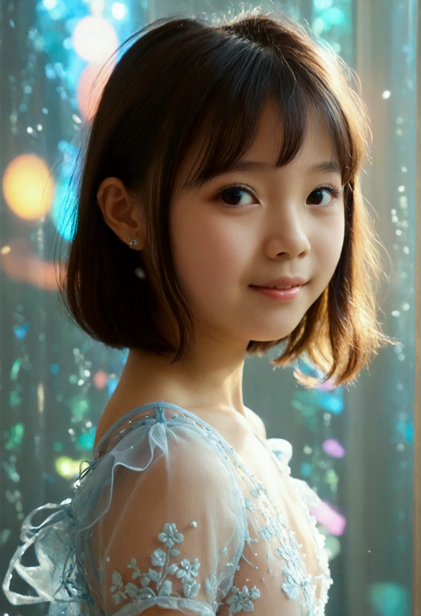 Masterpiece, UHD, 8K, most beautiful asian girl in the world, cute girl, age 9, small-budding breast, shy smile, pale skin, juvpretty-girl physique, elementary_school-girl physique, charming girl, One-piece style thin sheer fabric dress, sheer fabric, translucent clothes, standing, from the front, act very pretty