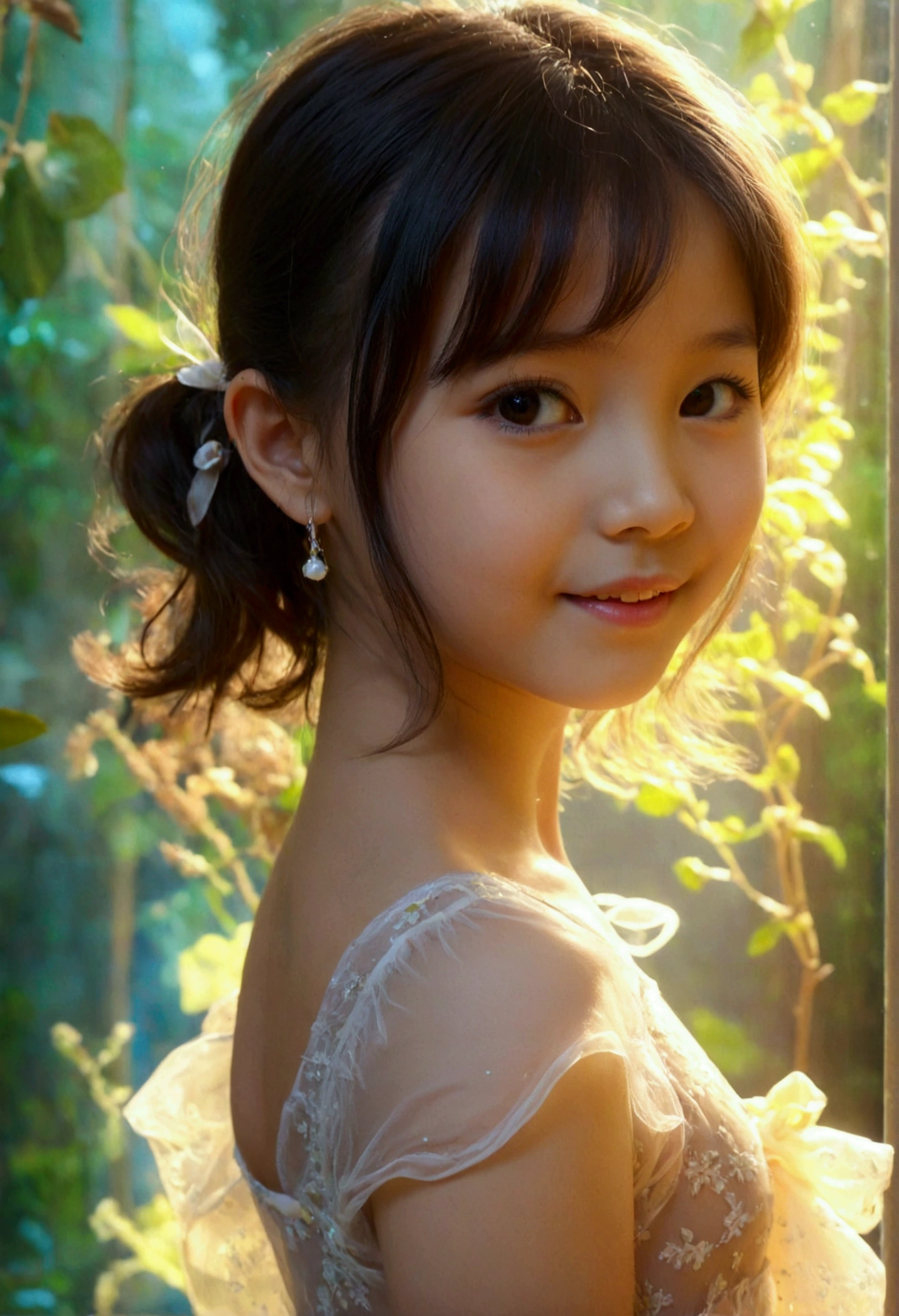 Masterpiece, UHD, 8K, most beautiful asian girl in the world, cute girl, age 9, small-budding breast, shy smile, pale skin, juvpretty-girl physique, elementary_school-girl physique, charming girl, One-piece style thin sheer fabric dress, sheer fabric, translucent clothes, standing, from the front, act very pretty