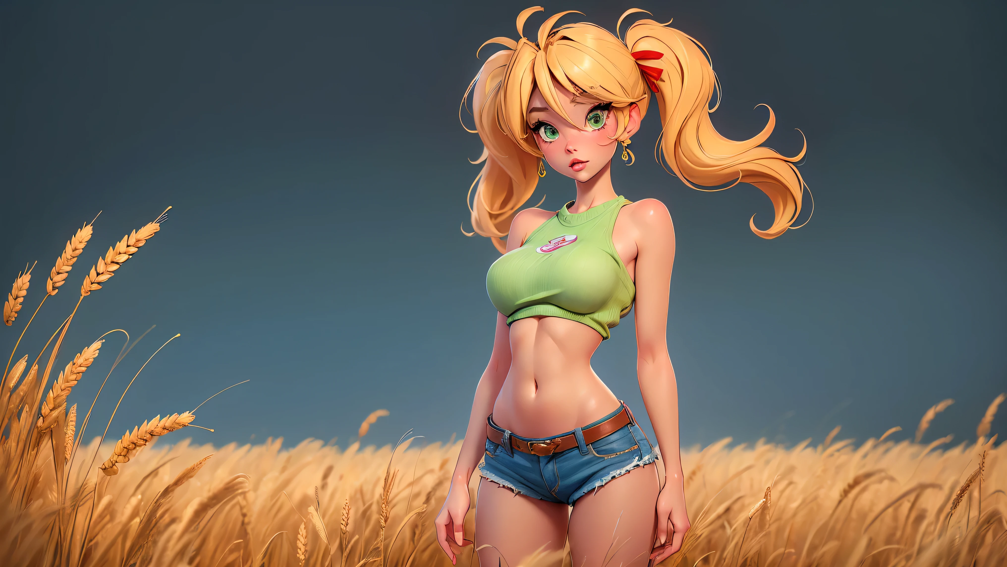 1girl, solo, (masterpiece, best quality, High Detail, 8K), blonde, long wavy hair, twintails with red ribbons in hair, dark tanned skin, extremely sexy, bikini tan, ((large breasts, busty)), Head to hips shot, Full body shot, cowboy shot, skinny, large green eyes, ((thin waist, small hips, long torso)), ((Dean Yeagle Style - Mandy)), wearing cutoff bluejean short-shorts, country girl, standing in a wheat field, farm background, wheat field,