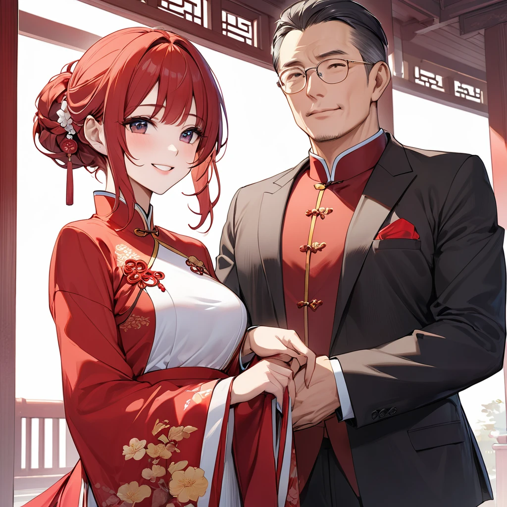  The woman who is a member of the Chinese Communist Party has beautiful red hair, wears Chinese Communist Party clothes, and pledges absolute loyalty and love to a great Chinese Communist Party executive man who supports and serves her husband in public and private as a wife、((Best Quality)), ((masterpiece)), ( Details), （ perfect face）,The woman is a red-haired celica with outstanding proportions and is finished as a Chinese woman in a Chinese mansion and has her hair tied beautifully like a Chinese woman 、The woman is smiling gently