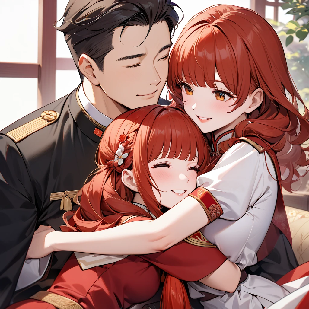 A woman who is a member of the Chinese Communist Party physically and mentally has beautiful red hair, wears Chinese Communist Party clothes, pledges absolute loyalty and love to a great Chinese Communist Party executive man, supports her husband in public and private as a wife, snuggles up, serves by his side, and loves each other、((Best Quality)), ((masterpiece)), ( Details), （ perfect face）,The woman is a red-haired celica with outstanding proportions and is finished as a Chinese woman in a Chinese mansion and has her hair tied beautifully like a Chinese woman 、The woman is smiling gently