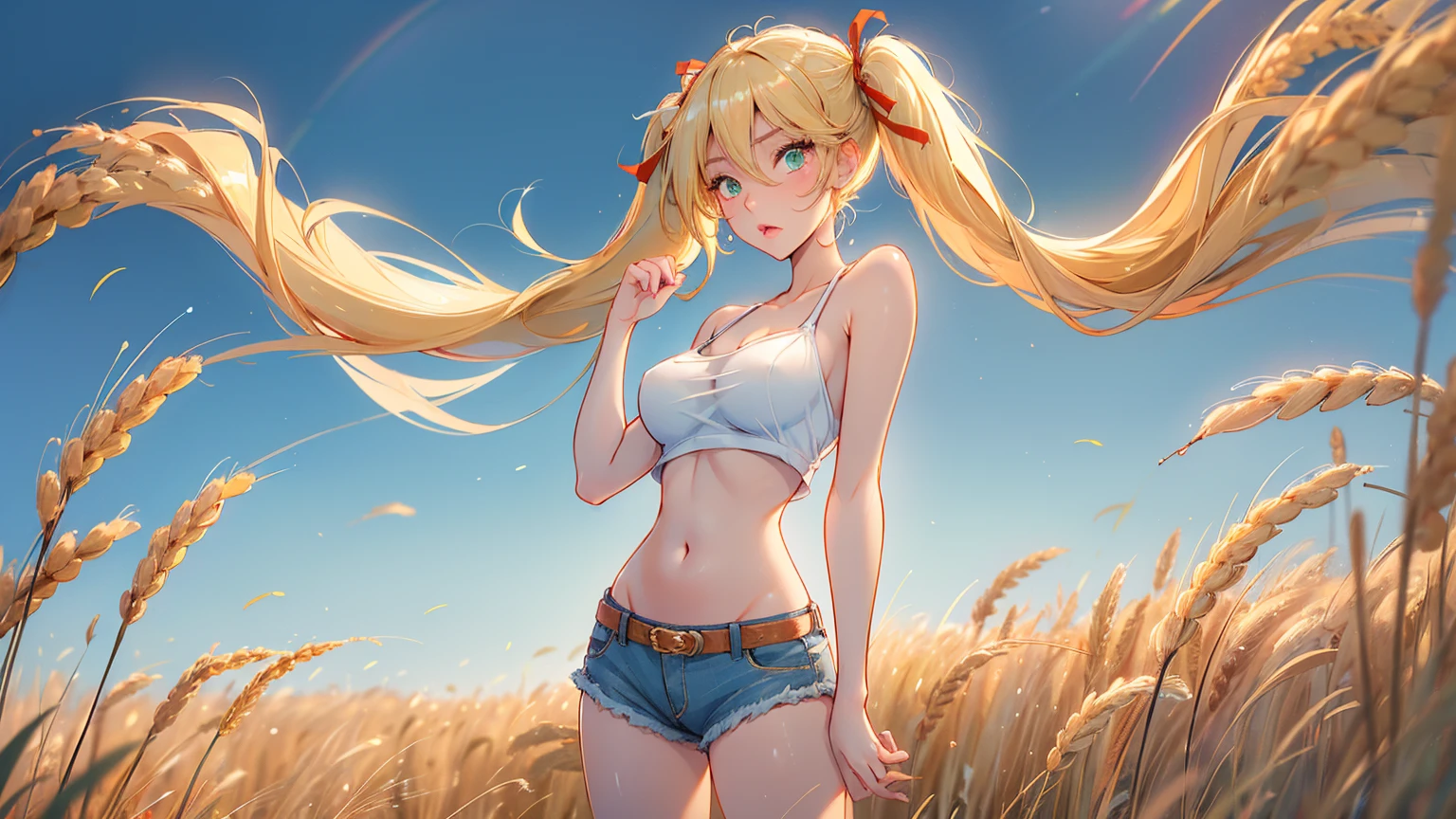 1girl, solo, (masterpiece, best quality, High Detail, 8K), blonde, long wavy hair, twintails with red ribbons in hair, dark tanned skin, extremely sexy, bikini tan, ((large breasts, busty)), Head to hips shot, Full body shot, cowboy shot, skinny, large green eyes, ((thin waist, small hips, long torso)), ((Dean Yeagle Style - Mandy)), wearing cutoff bluejean short-shorts, country girl, standing in a wheat field, farm background, wheat field,