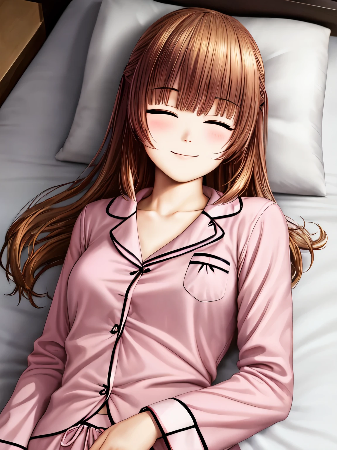 masterpiece、Best Quality、One person、( 1 girl、solo:1.3)、indoor、bet、（ anime illustration style:1.3）、Smiling、blush、Lycia Plaid , closed mouth、smile、Attractive eyes( lying in bed:1.1)、(Sleeping on your back:1.2)、Half asleep、(Long pants、In pajamas:1.3),Pink pajamas、In pajamas、 sharp pupils 、  high definition、bedroom、bet、  high definition、 super fine painting,、( very detailed、color、Sparkle)、(Genuine、 real、Realistic:1.2)、Small breasts、  high definition、超 high definition