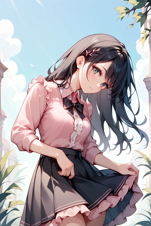  1 girl, Black Hair, long hair , pink shirt, black skirt, ruffled clothes 