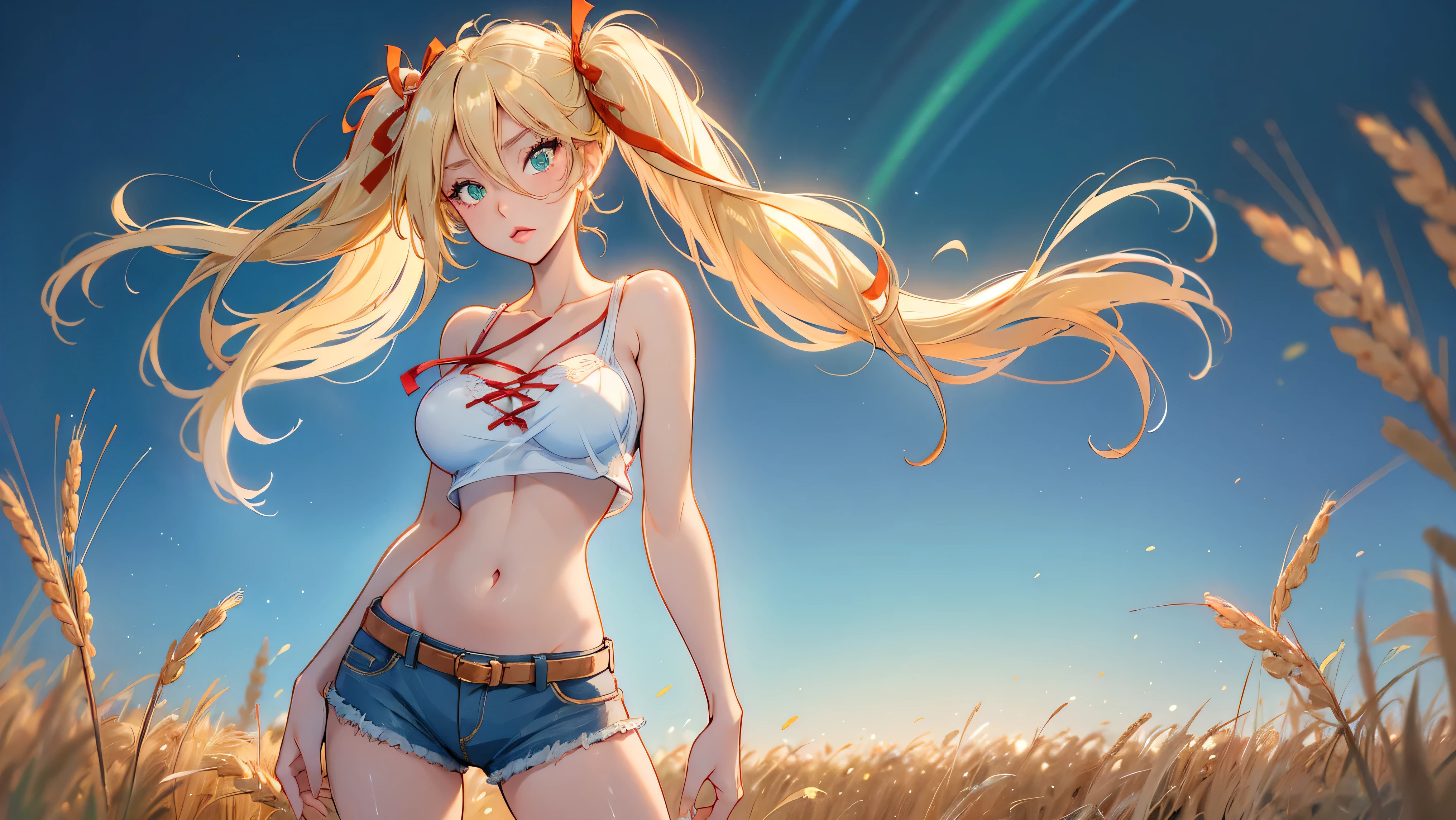 1girl, solo, (masterpiece, best quality, High Detail, 8K), blonde, long wavy hair, twintails with red ribbons in hair, dark tanned skin, extremely sexy, bikini tan, ((large breasts, busty)), Head to hips shot, Full body shot, cowboy shot, skinny, large green eyes, ((thin waist, small hips, long torso)), ((Dean Yeagle Style - Mandy)), wearing cutoff bluejean short-shorts, country girl, standing in a wheat field, farm background, wheat field,