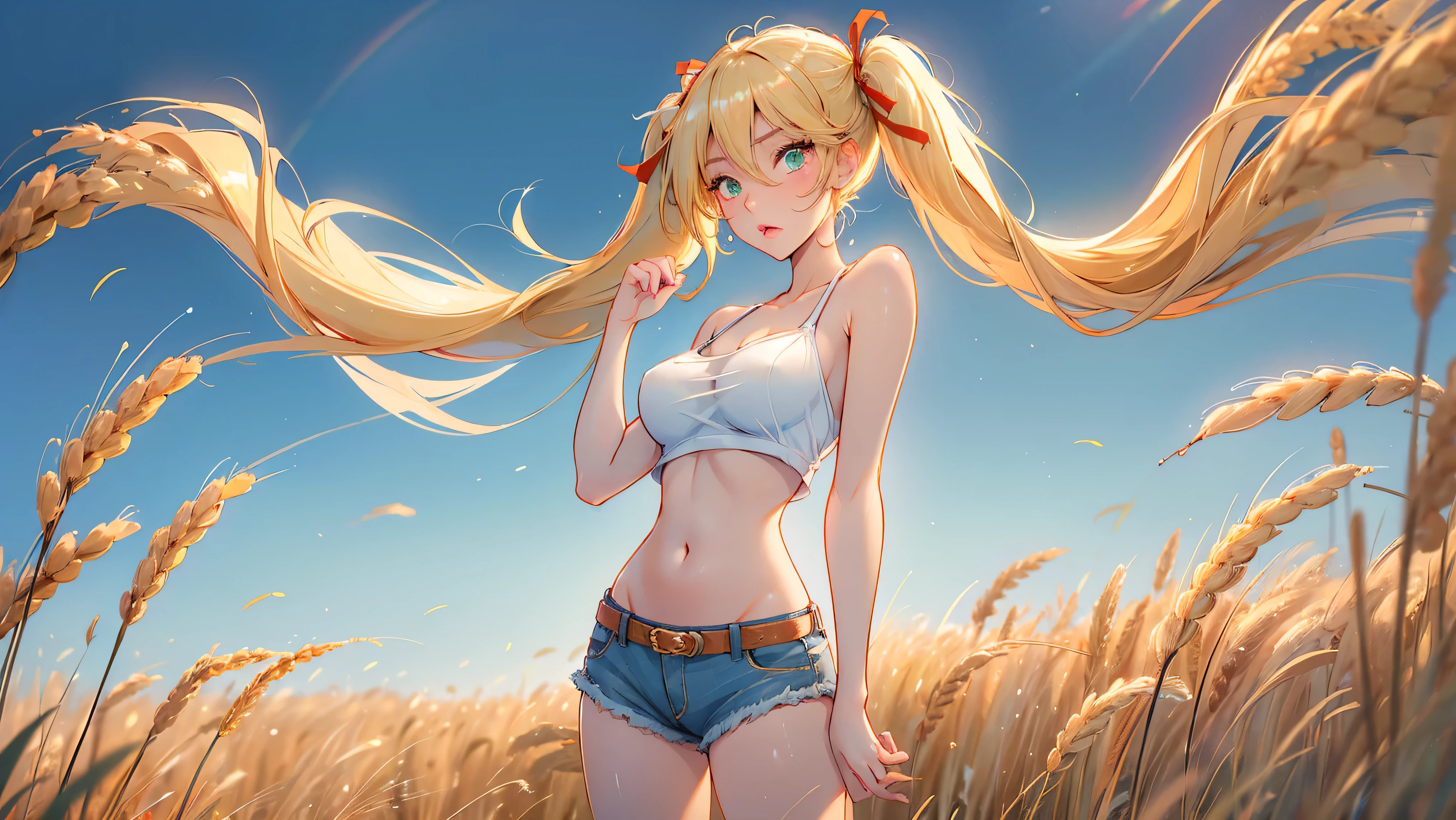 1girl, solo, (masterpiece, best quality, High Detail, 8K), blonde, long wavy hair, twintails with red ribbons in hair, dark tanned skin, extremely sexy, bikini tan, ((large breasts, busty)), Head to hips shot, Full body shot, cowboy shot, skinny, large green eyes, ((thin waist, small hips, long torso)), ((Dean Yeagle Style - Mandy)), wearing cutoff bluejean short-shorts, country girl, standing in a wheat field, farm background, wheat field,