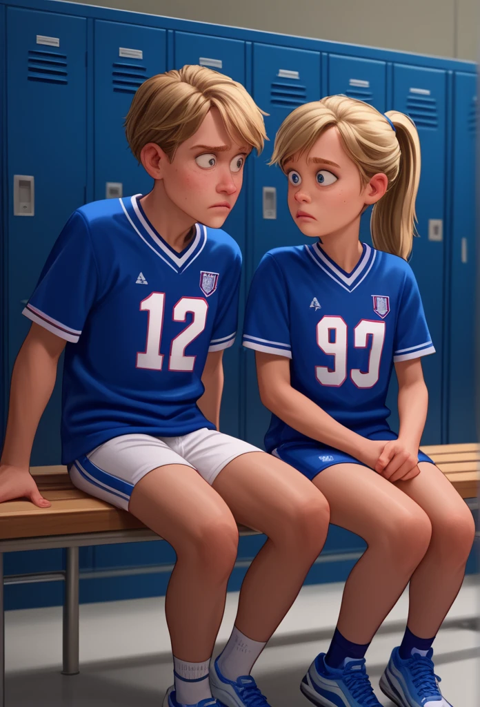 score_9, score_8_up, score_7_up, score_25_up, score_5_up, score_4_up, ri_ley2, 1 girl, ponytail, blond hair, sitting on a bench, locker room, skinny, football uniform, confused, portrait man