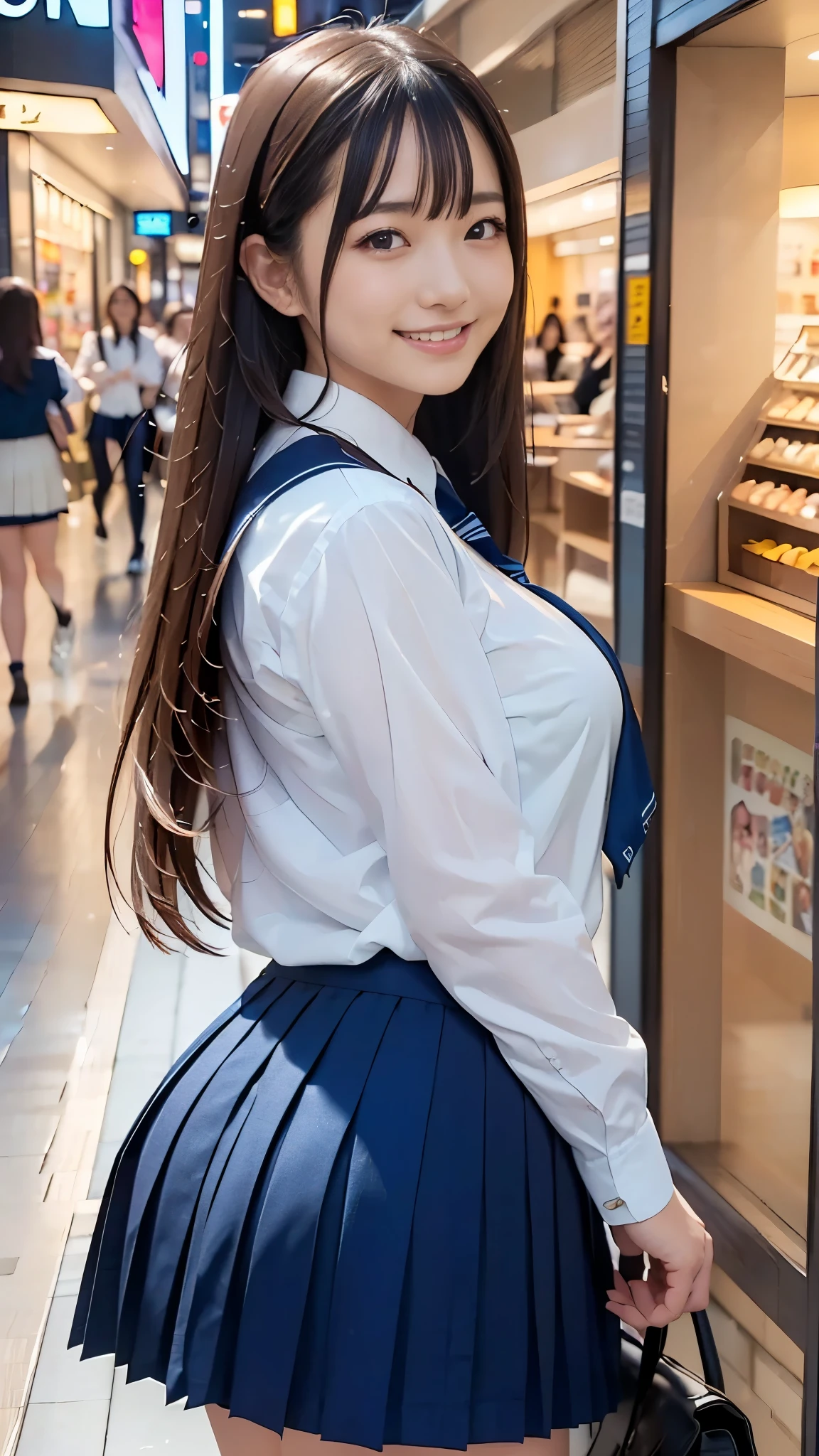 Best Quality,masterpiece, ultra high resolution,high definition raw color photo, professional photography, Natural Skin Textures ,Fine skin,hyperrealism, Japanese Women,((smile,((Schoolgirl uniform,WHITE shirt, cutter shirt), Navy pleated skirt,Short tie))),arms behind ass,gigantic breast, arcade