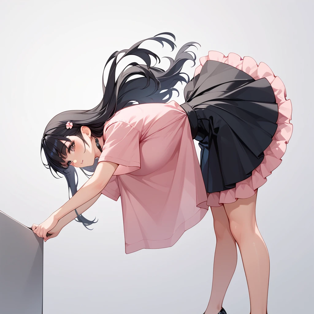  1 girl, Black Hair, long hair , pink shirt, black skirt, ruffled clothes ,