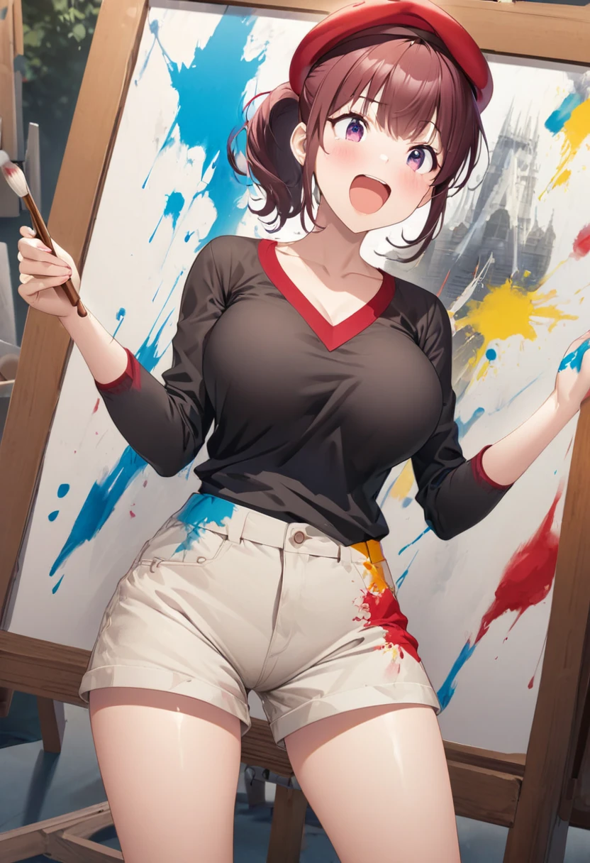 Beautiful girl 、Age 30、Best Quality、Ultra-precision、Detailed drawing、Painter、Brush in hand、easel and canvas 、Wine red beret、V neck shirt with paint、 shorts、Sharpness、 ponytail、Vivid colors、A very ecstatic expression、Slender figure、Accurate depiction、 CG illustration、Beautiful big boobs、My chest opens slightly 